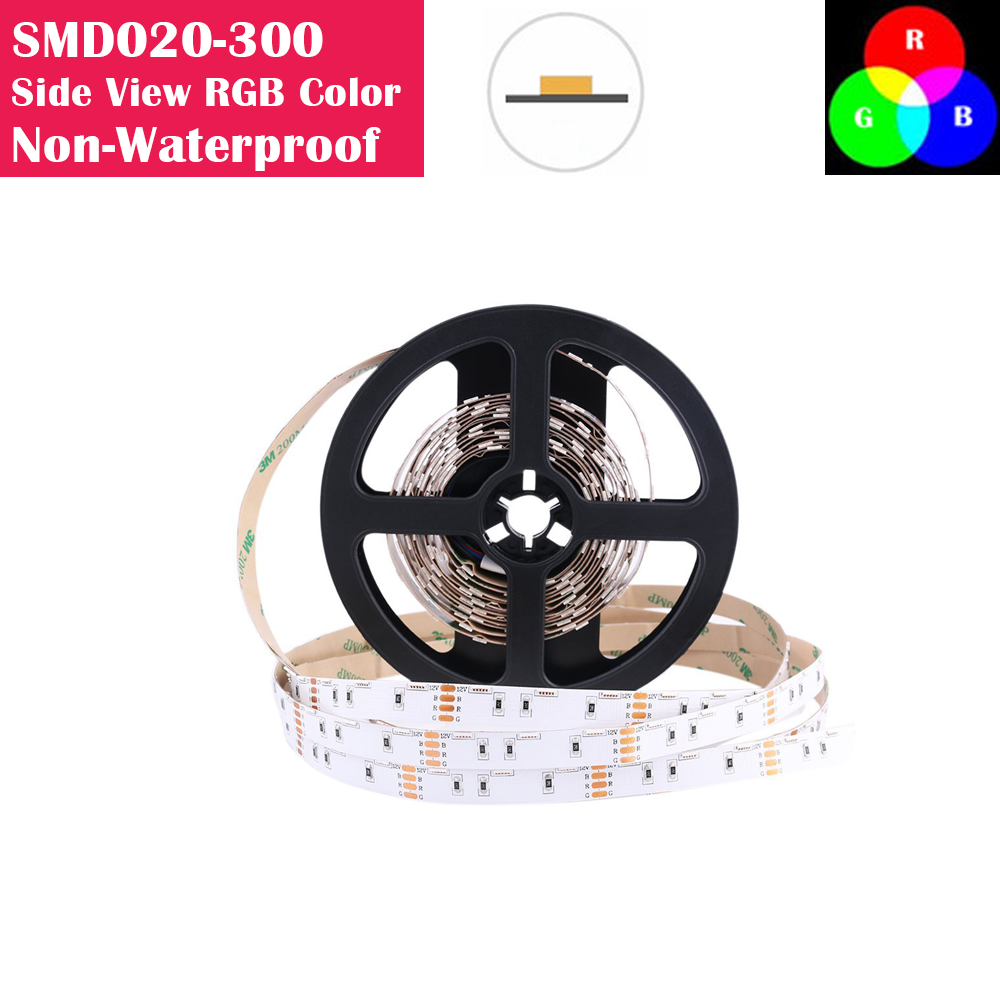 5 Meters Side Emitting RGB Color Changing LED Strip Lights SMD020 16.4Ft(5M) 300LEDs 60LEDs/M DC12V 14.4W 2.88W/M 10mm White PCB Flexible Ribbon LED Tape with Adhesive Tape